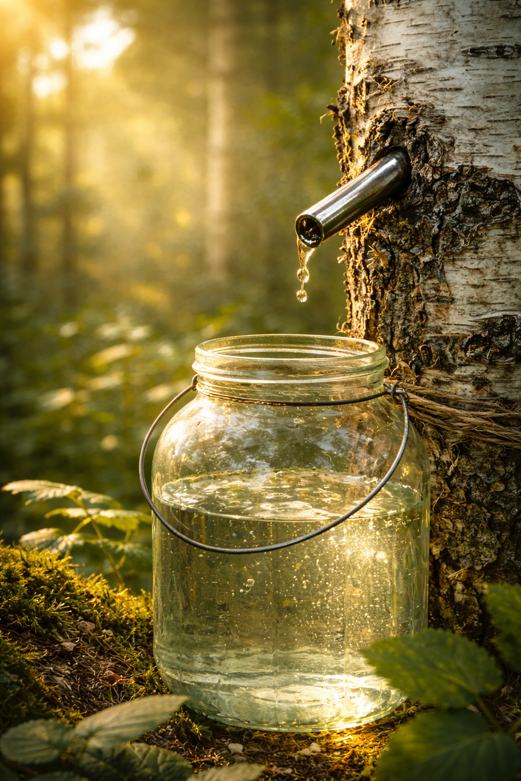 Birch sap harvesting in forest